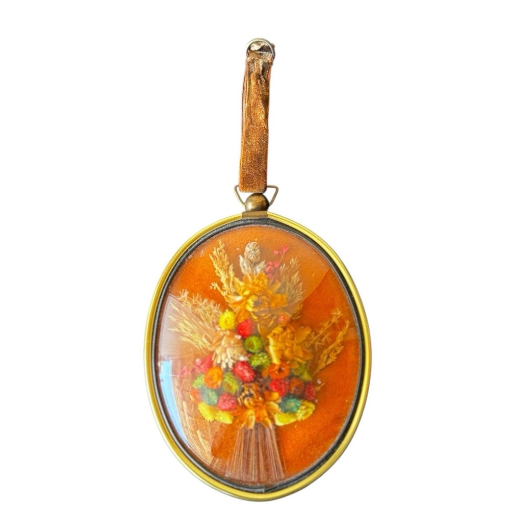 Vintage Cideart Belgium Oval Dried Flower Wall Hanging Brass Frame Floral Art 6"